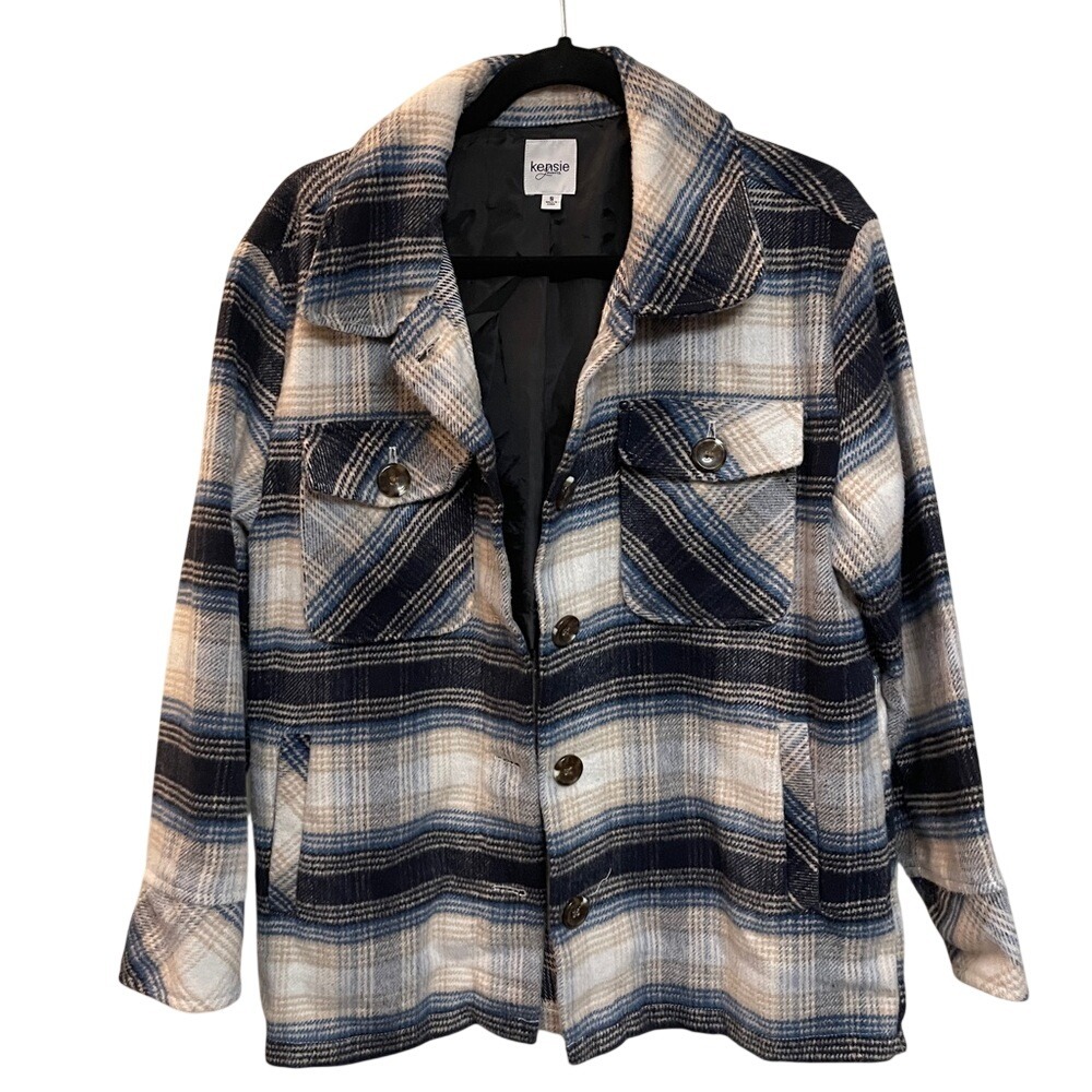 Kensie Jeans Blue Cream Plaid Lined Shirt Jacket Shacket Womens Small